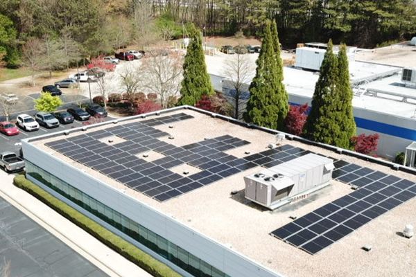 Bird's eye view of the plant in Buford, with the solar panels on the roof
