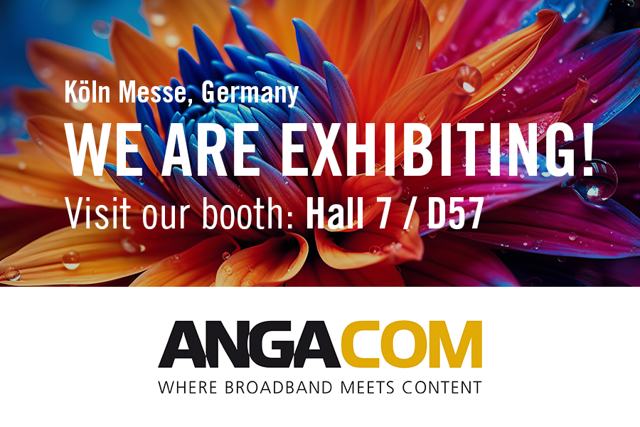 Advertisement for a trade fair, on it says: "Köln Messe, Germany. We are exhibiting! Visit our booth: Hall 7 / D57". At the bottom, in the middle, is the logo of ANGACOM, the trade fair organizer.