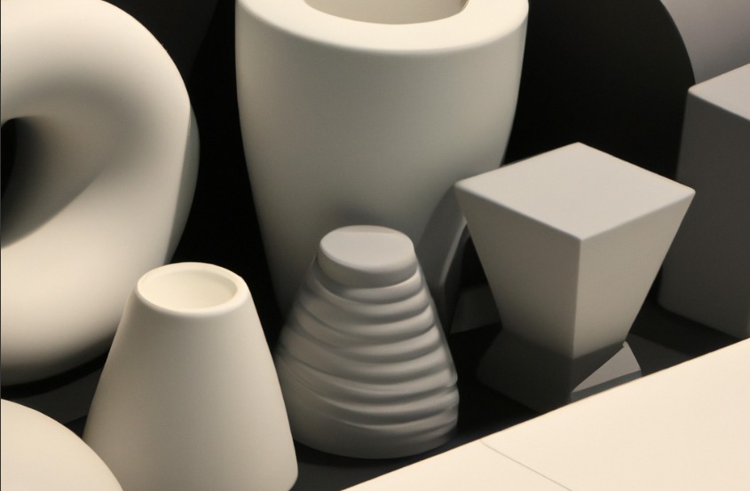 AI-generated image of natural-colored ceramic pieces in various shapes