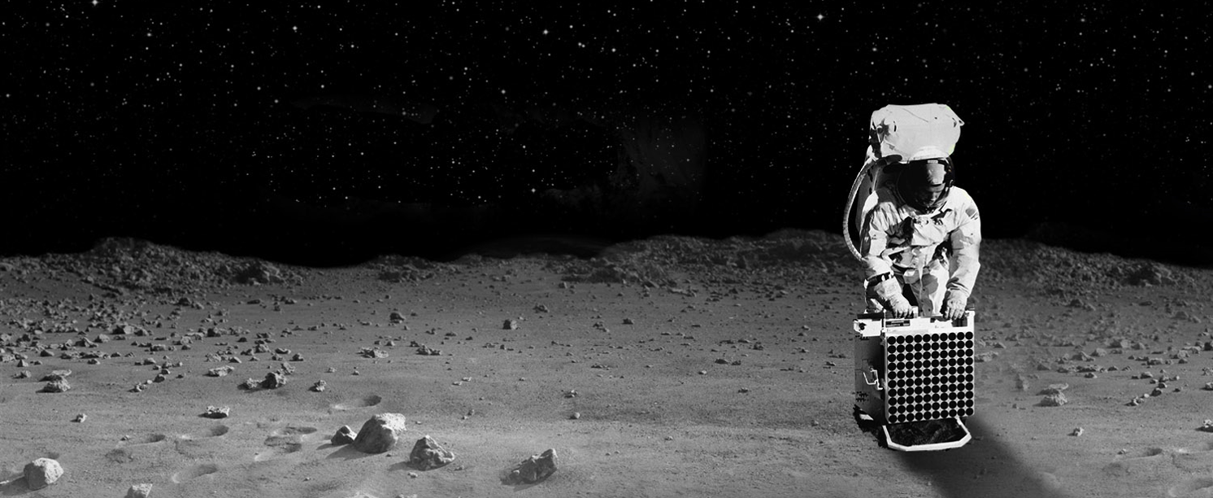 Astronaut places retro reflector on moon surface