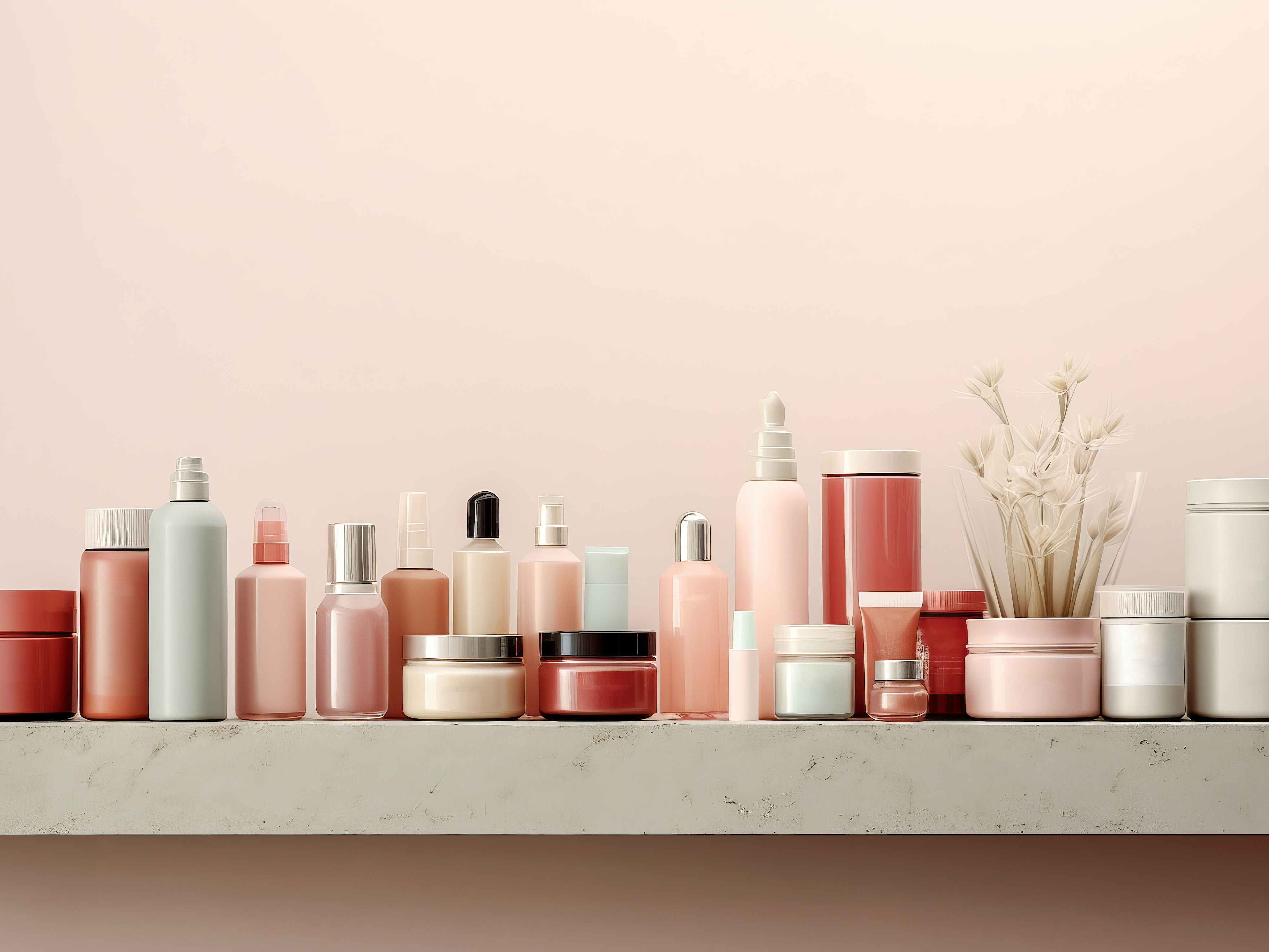 delicate pale pink and blue cosmetics packaging container for skincare, fragrance or toiletry industries on pastel background. Beauty product mock-up. Store shelf. Generative AI technology