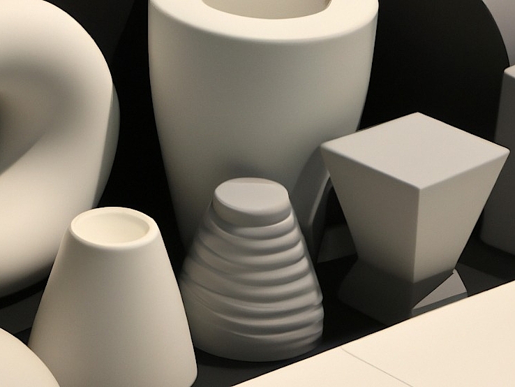 AI-generated image of natural-colored ceramic pieces in various shapes