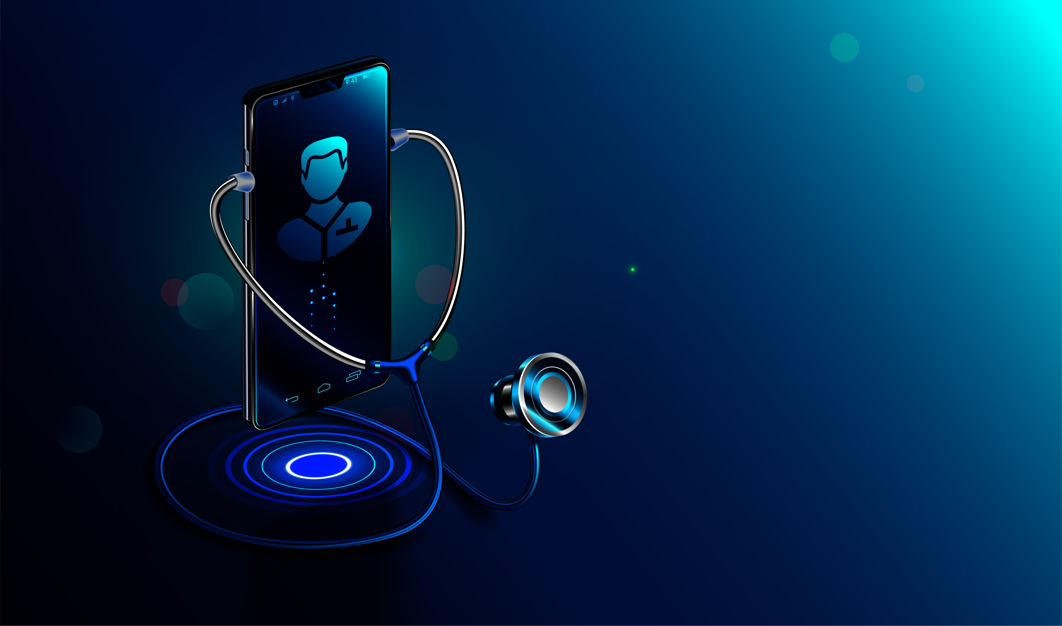 3D illustration, a smartphone with a stethoscope on a blue background